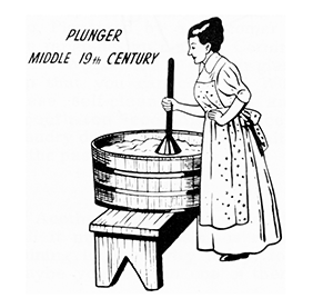 Plunger style manual agitator to wash clothes in the 19th Century